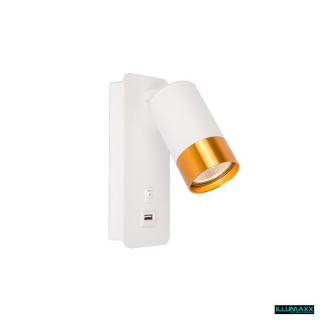 Nástěnné svítidlo do ložnice, na žárovku GU10 s USB nabíječkou, bílo/zlaté